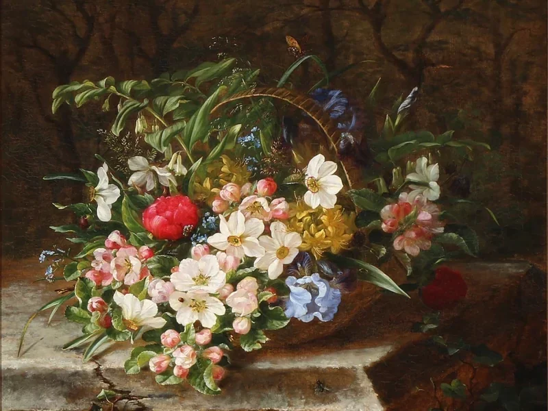 1855-Sara Ulrik - Composizione con un cesto di fiori circondato da insetti su una panchina di pietra - 1877